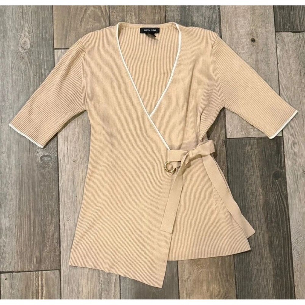 Y2k Style Beige Ribbed Wrap Short Sleeve Top Size L